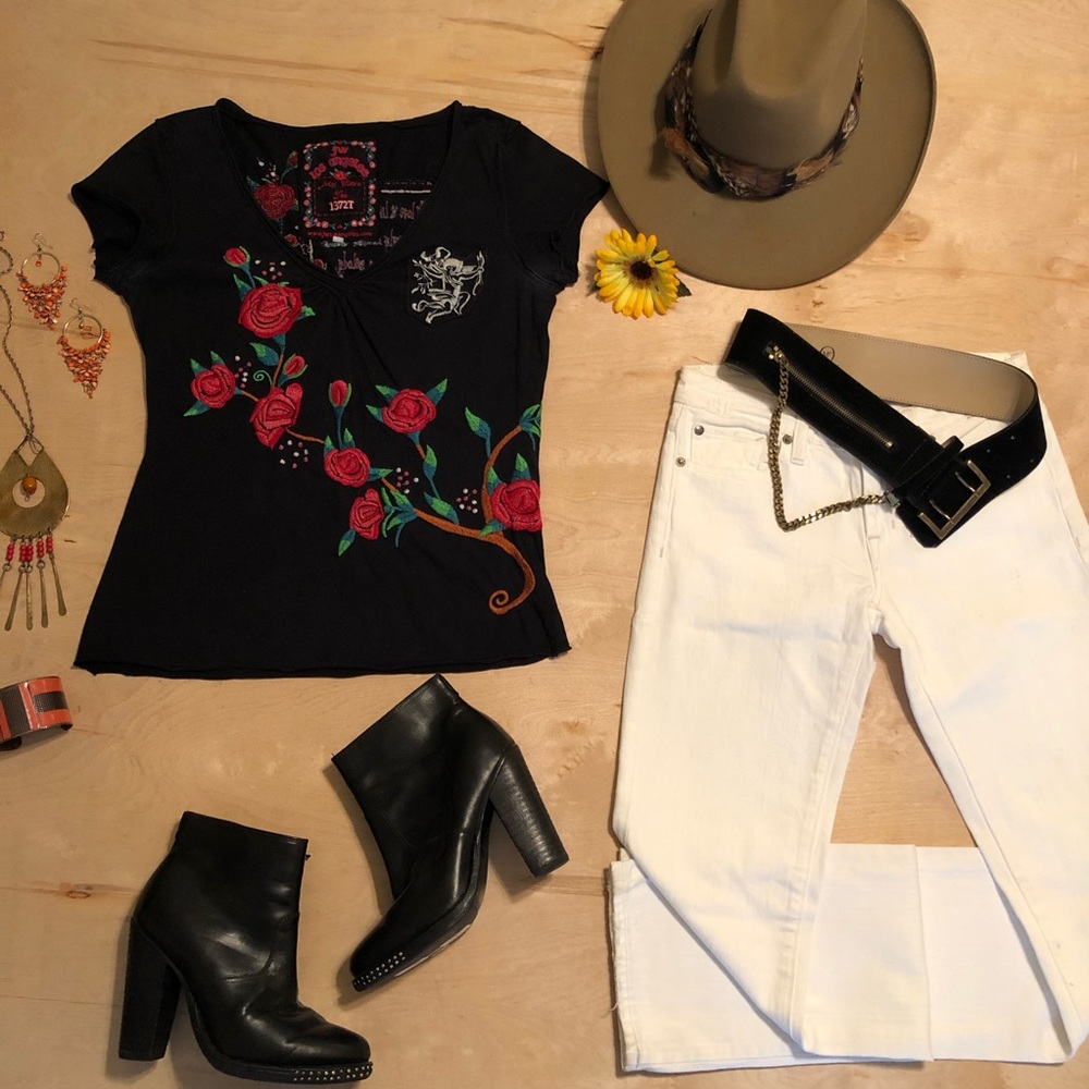 Johnny Was Embroidered Rose T Shirt